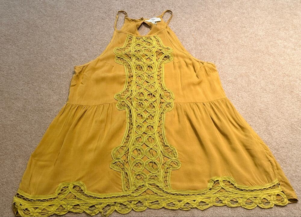 Entro Mustard Yellow Halter Top Medium M Boho Crochet Lace Trim Babydoll Tunic